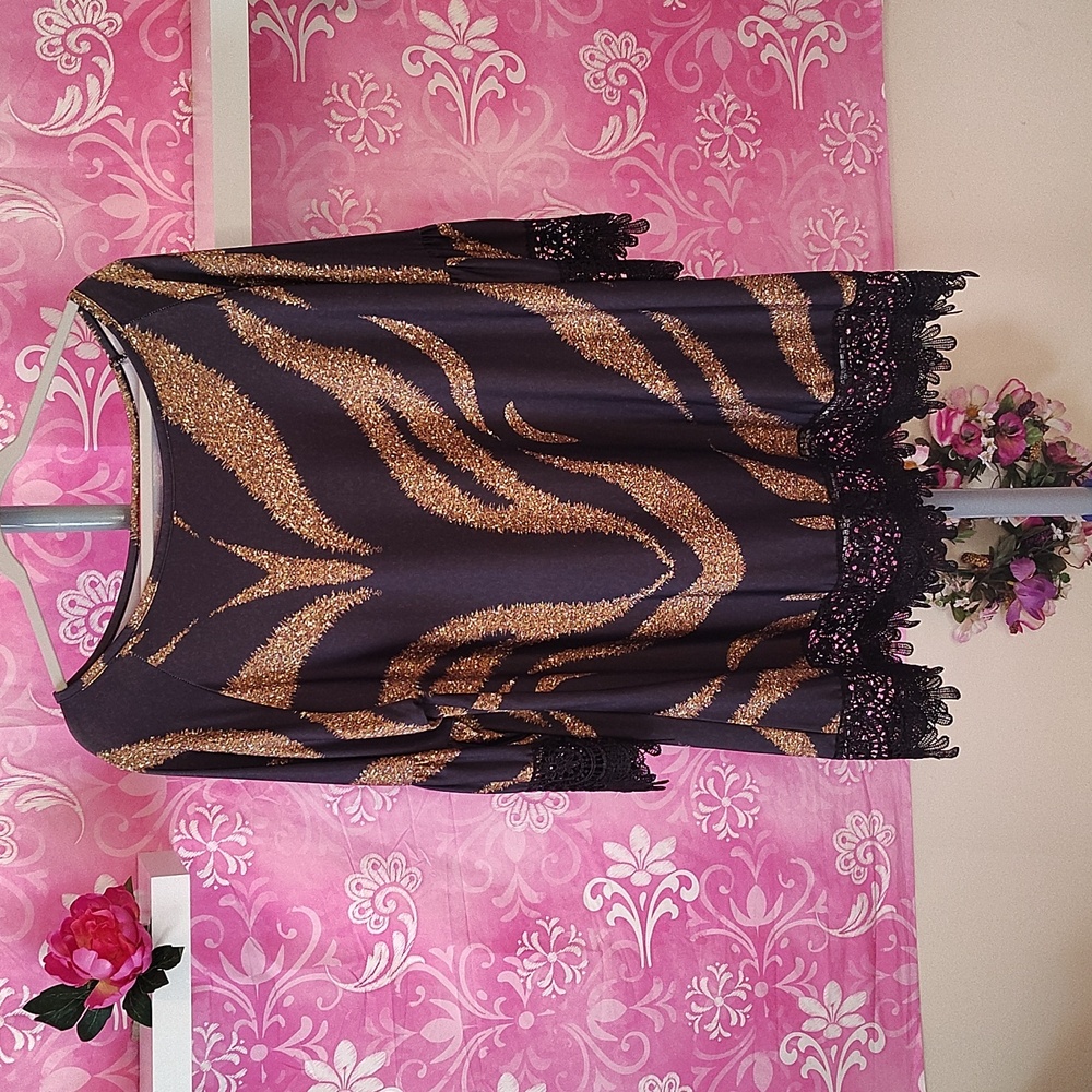 Chic Black and Gold Tunic with Lace Trim